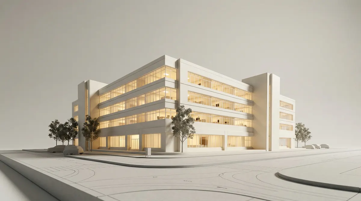 White clay render of the same building