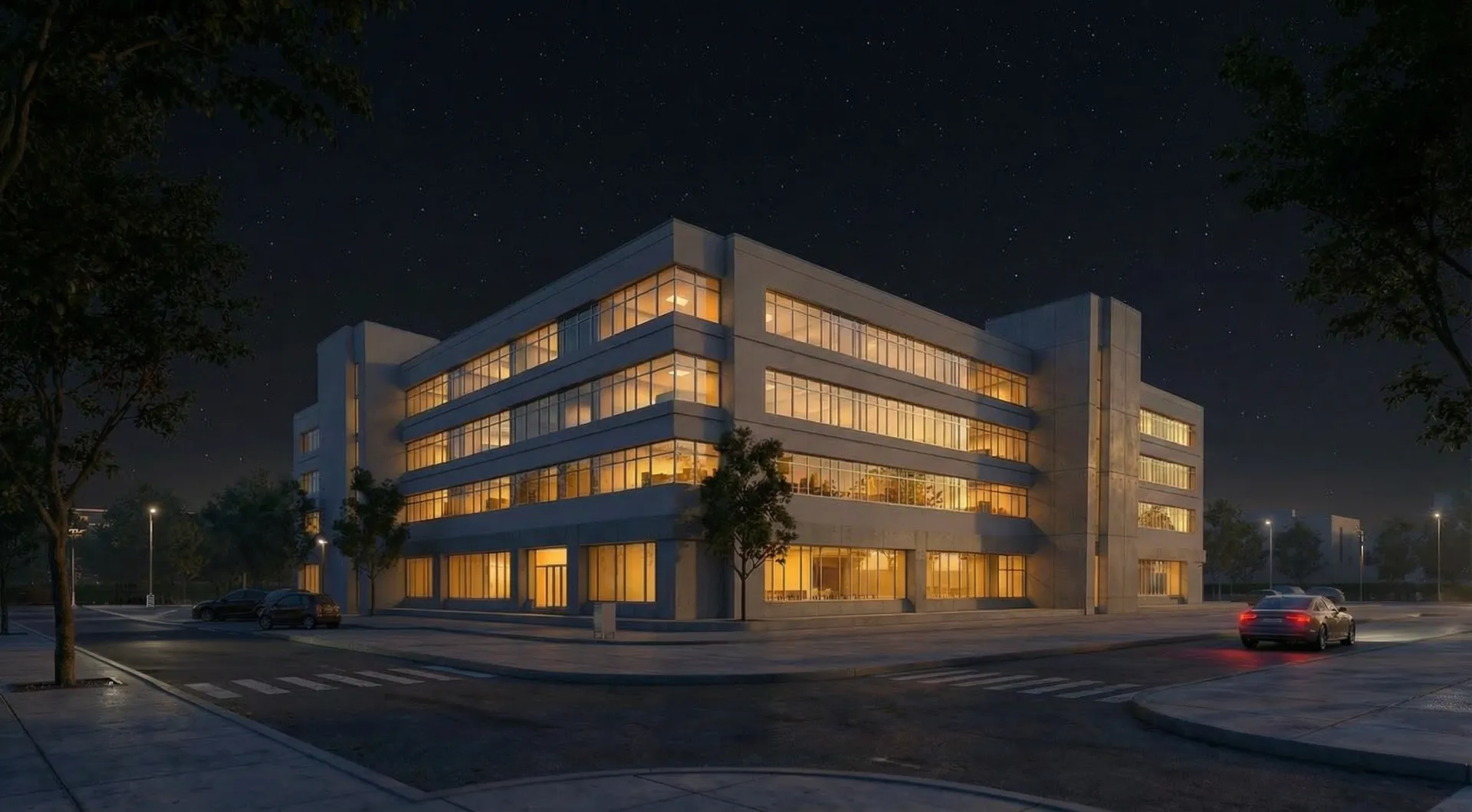 Final night render of the building